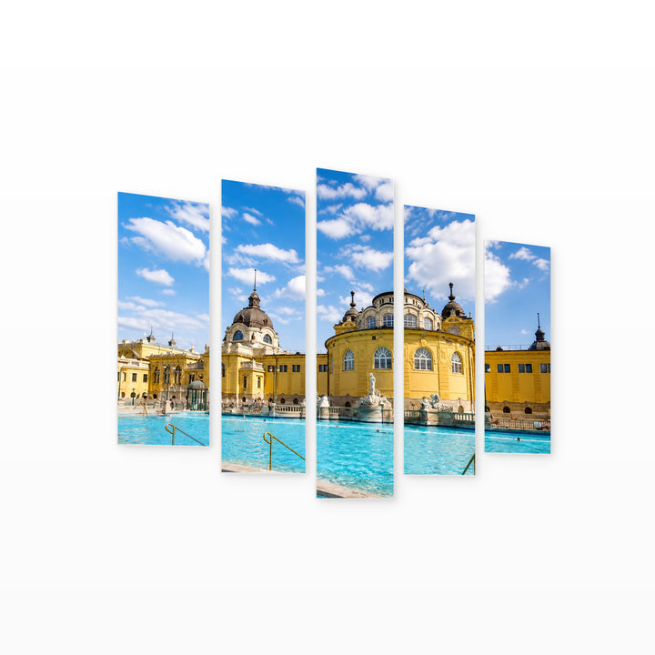 Baths in Budapest in Blue and Gold — five-panel wall art on white background in perspective | 5wallart 55903 M1