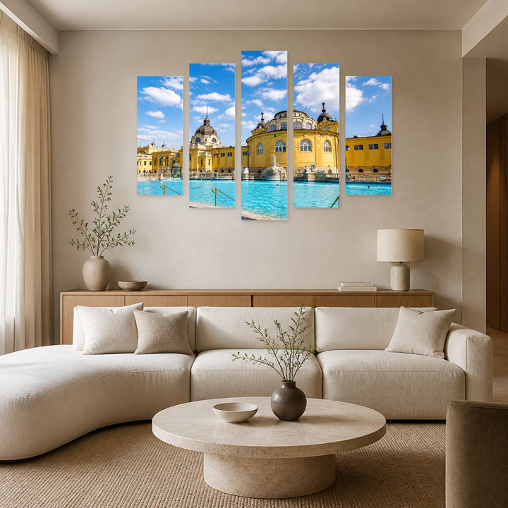 Baths in Budapest in Blue and Gold — five-panel wall art in frontal interior | 5wallart 55903 M3