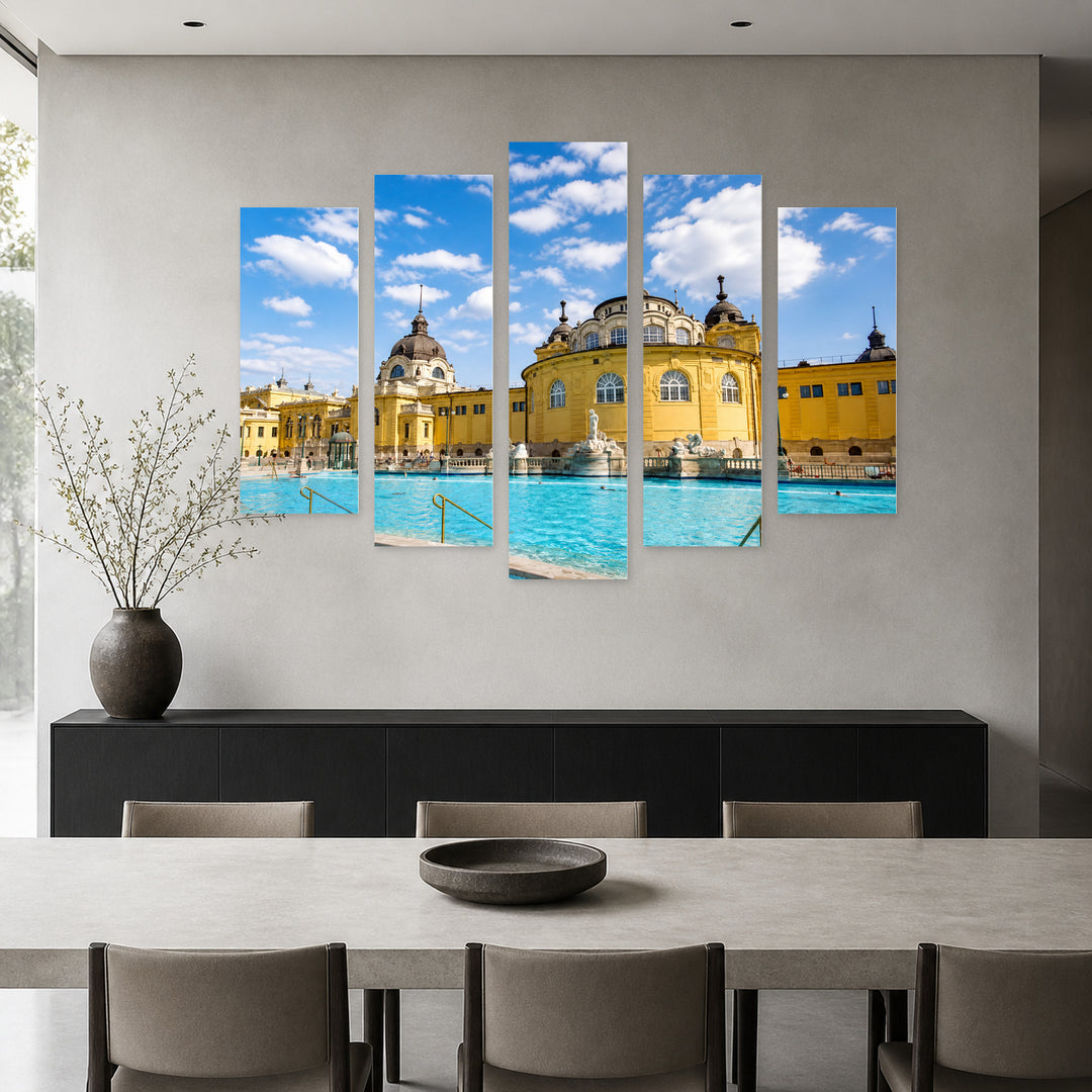 Baths in Budapest in Blue and Gold — five-panel wall art in alternate frontal interior | 5wallart 55903 M4