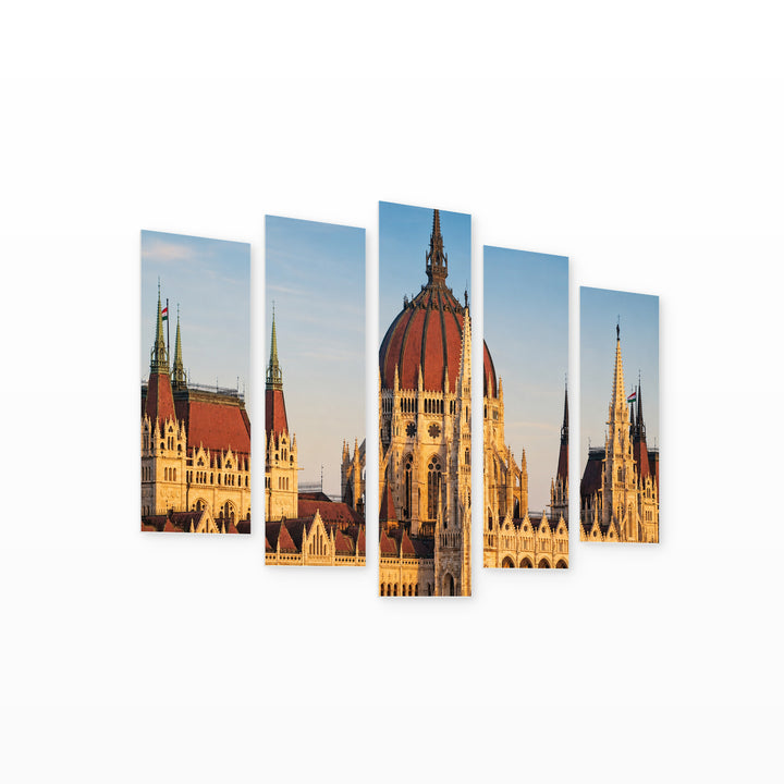 Parliament in Budapest in Blue and Gold III — five-panel wall art on white background in perspective | 5wallart 55905 M1