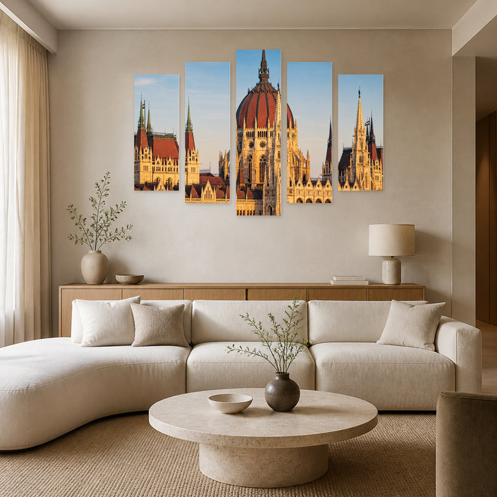 Parliament in Budapest in Blue and Gold III — five-panel wall art in frontal interior | 5wallart 55905 M3