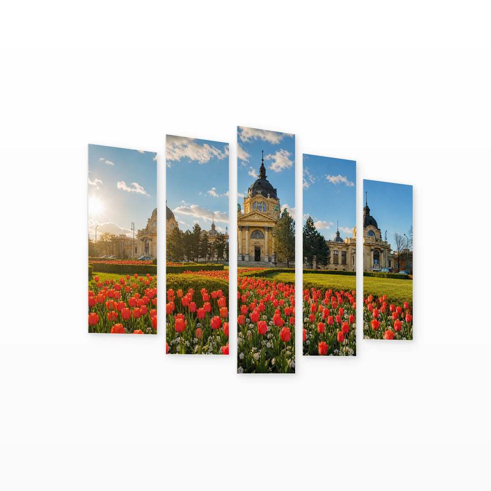 Spring Panorama with a Flower in Vivid Color — five-panel wall art on white background in perspective | 5wallart 55906 M1