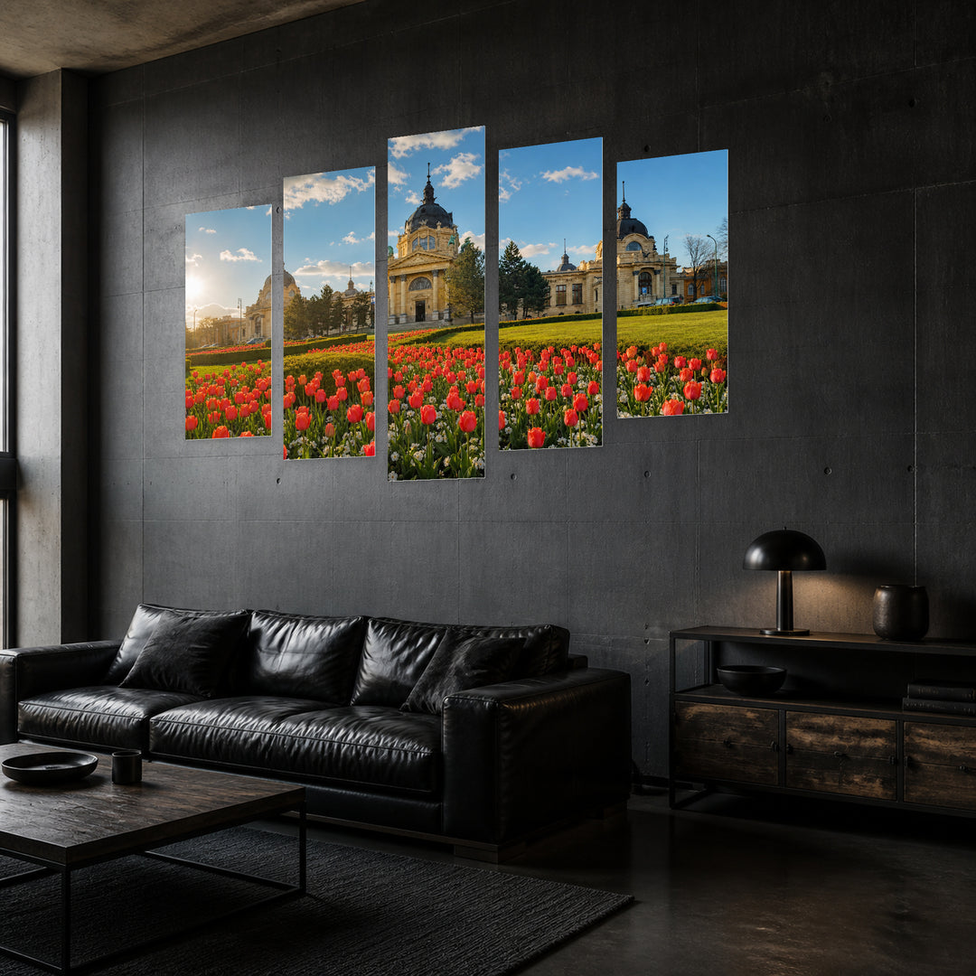 Spring Panorama with a Flower in Vivid Color — five-panel wall art in perspective interior | 5wallart 55906 M2