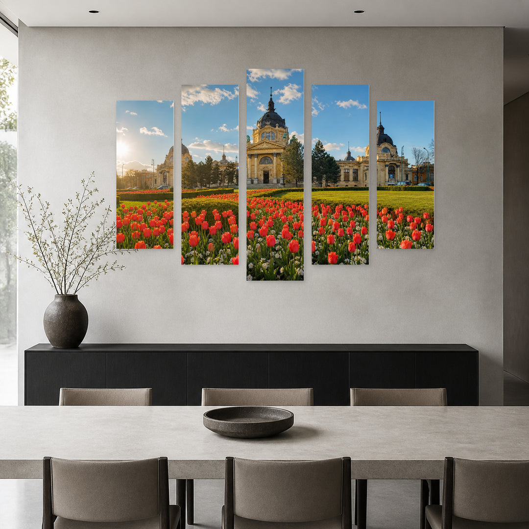 Spring Panorama with a Flower in Vivid Color — five-panel wall art in frontal interior | 5wallart 55906 M3