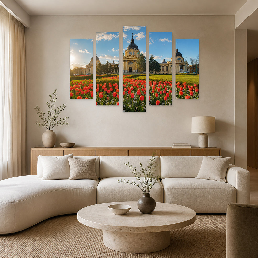 Spring Panorama with a Flower in Vivid Color — five-panel wall art in alternate frontal interior | 5wallart 55906 M4