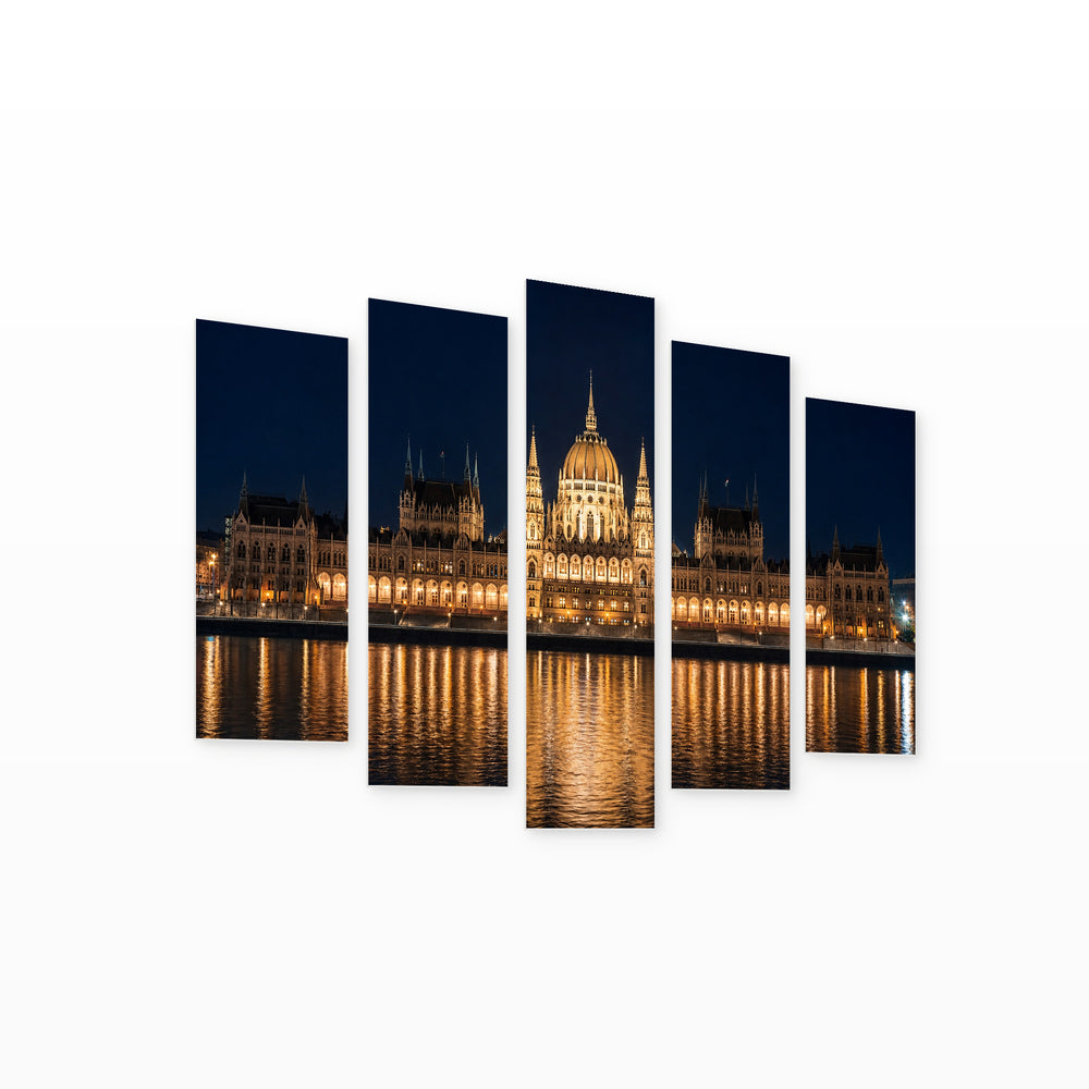 Parliament in Bucharest After Dark — five-panel wall art on white background in perspective | 5wallart 55907 M1