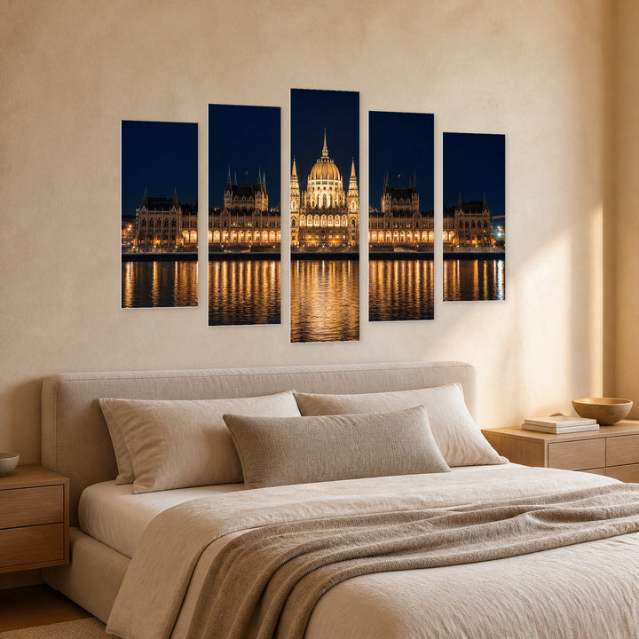 Parliament in Bucharest After Dark — five-panel wall art in perspective interior | 5wallart 55907 M2