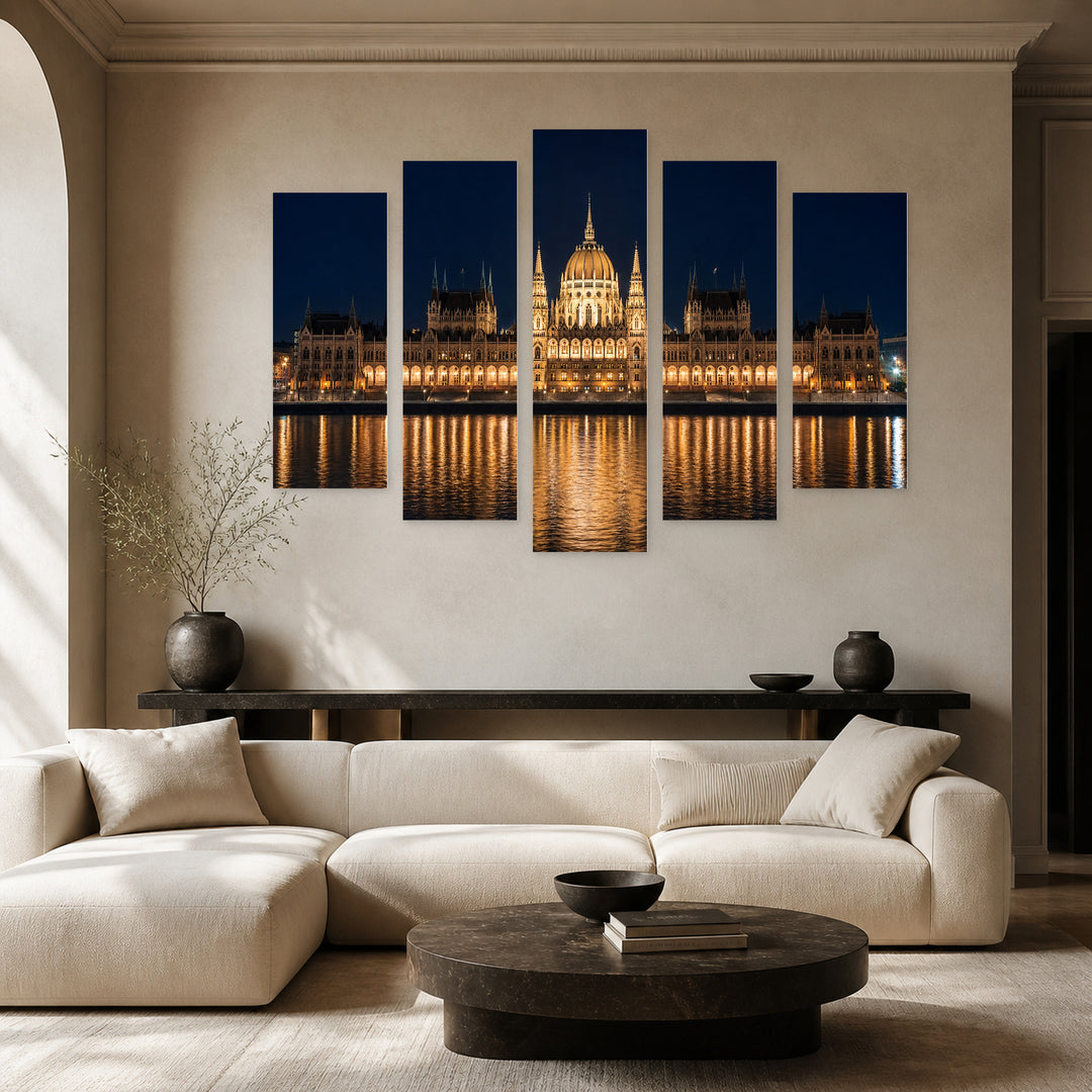 Parliament in Bucharest After Dark — five-panel wall art in frontal interior | 5wallart 55907 M3