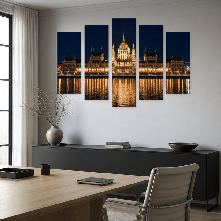Parliament in Bucharest After Dark — five-panel wall art in alternate frontal interior | 5wallart 55907 M4