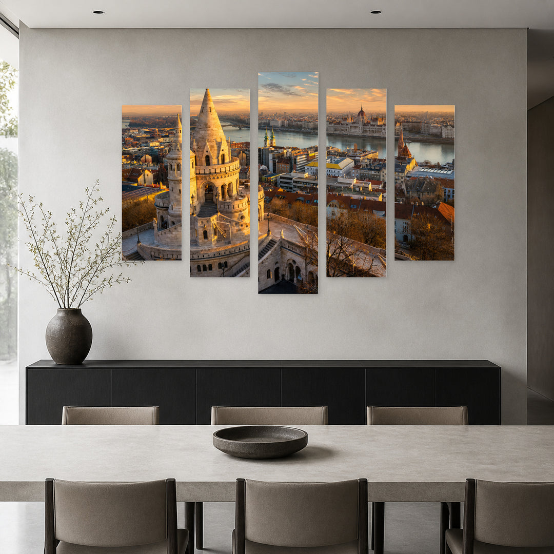 View of Budapest at Golden Sunset — five-panel wall art in frontal interior | 5wallart 55908 M3