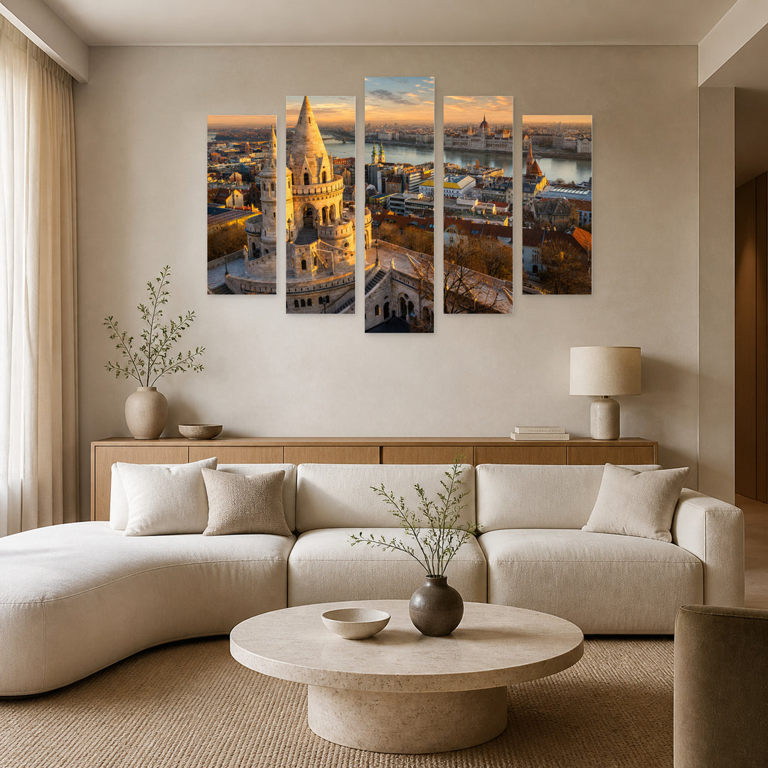 View of Budapest at Golden Sunset — five-panel wall art in alternate frontal interior | 5wallart 55908 M4