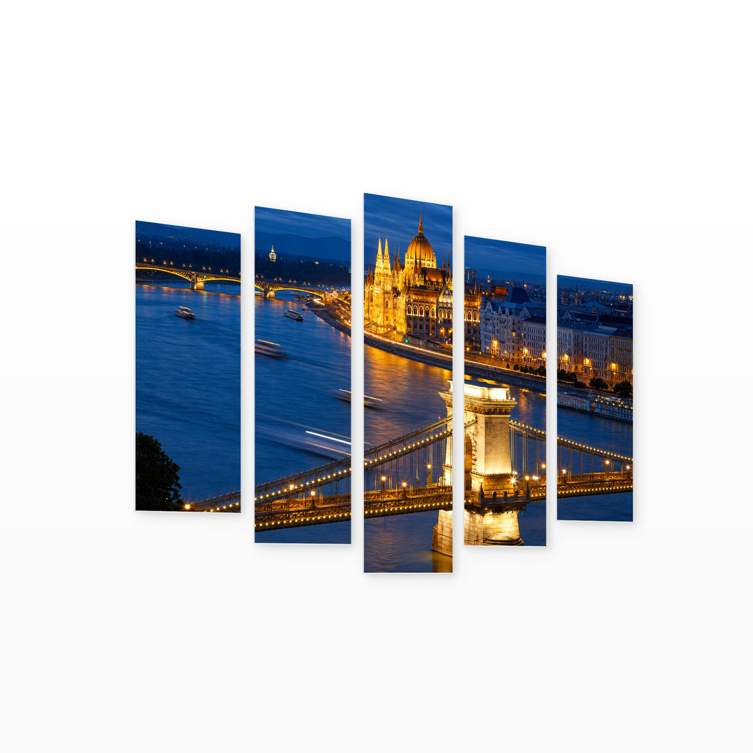 Chain Bridge and Parliament in Budapest at Night — five-panel wall art on white background in perspective | 5wallart 55909 M1