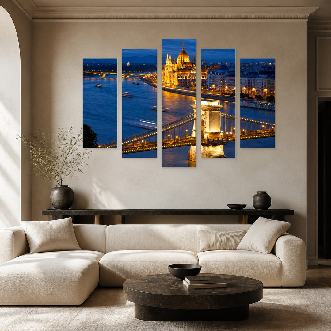 Chain Bridge and Parliament in Budapest at Night — five-panel wall art in frontal interior | 5wallart 55909 M3