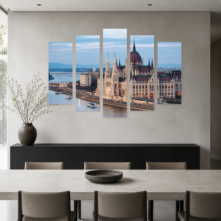 Parliament Building in Budapest with Dramatic Contrast — five-panel wall art in alternate frontal interior | 5wallart 55911 M4