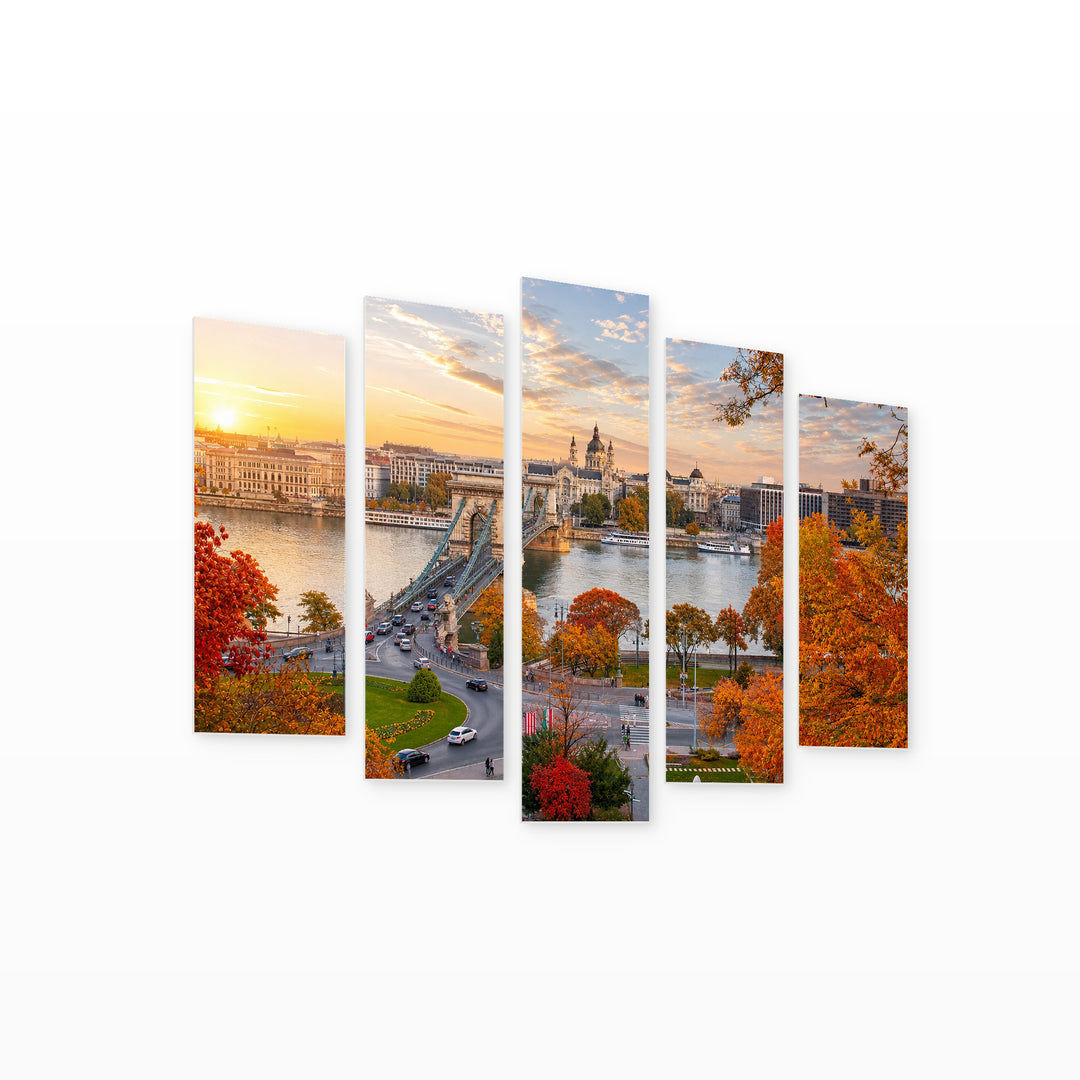 View of Budapest at Sunrise — five-panel wall art on white background in perspective | 5wallart 55912 M1