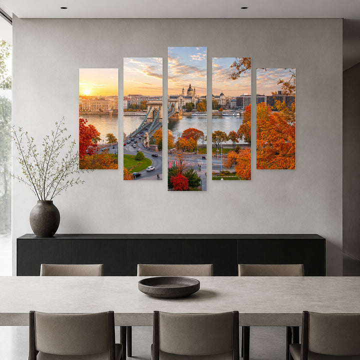 View of Budapest at Sunrise — five-panel wall art in frontal interior | 5wallart 55912 M3