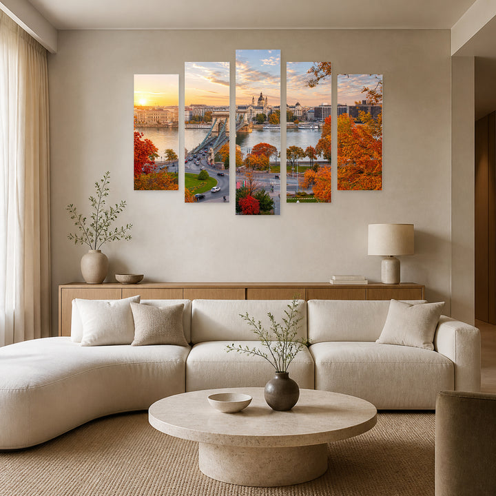 View of Budapest at Sunrise — five-panel wall art in alternate frontal interior | 5wallart 55912 M4