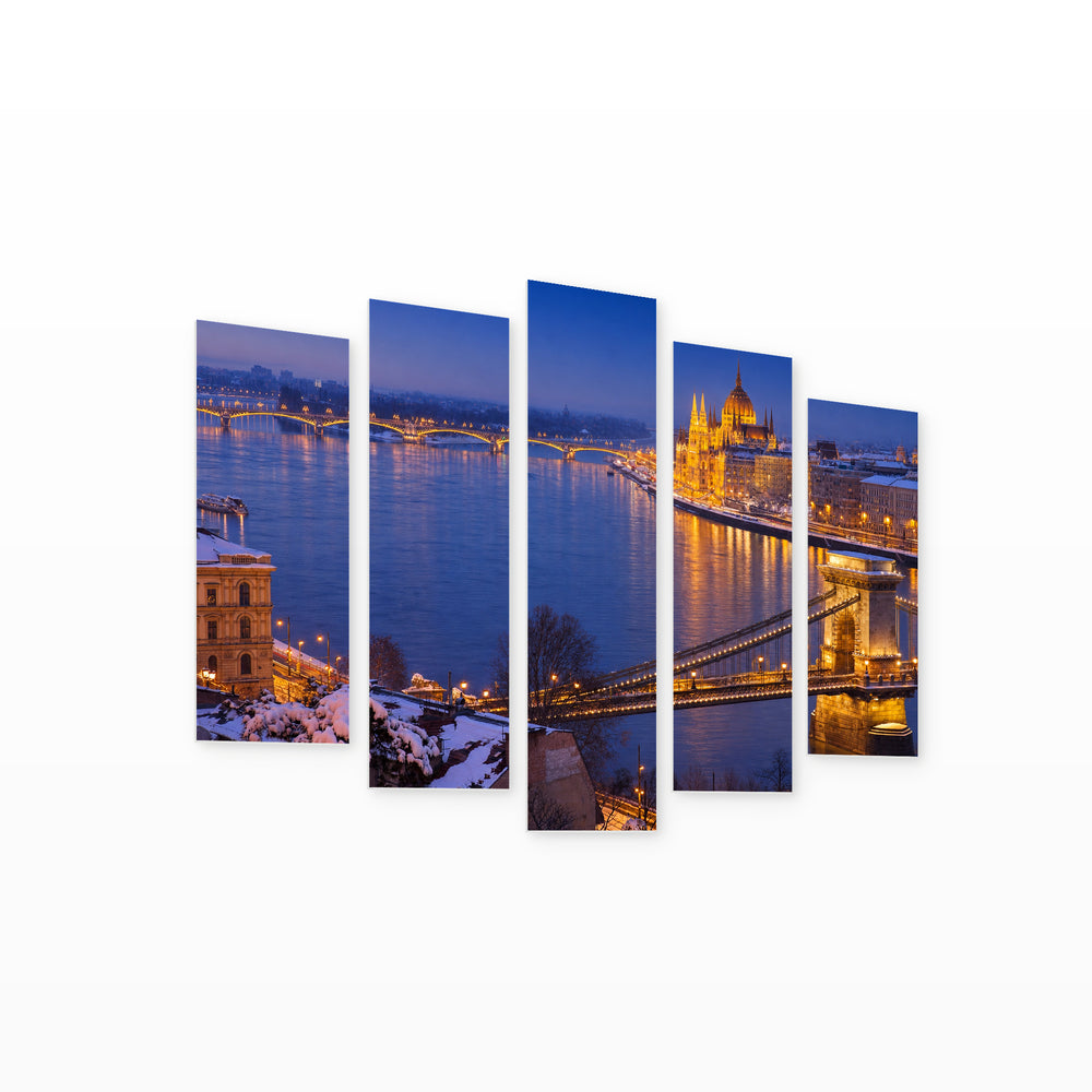 Cityscape of Budapest After Dark — five-panel wall art on white background in perspective | 5wallart 55913 M1