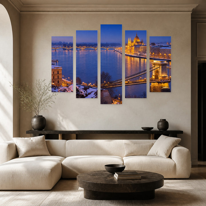 Cityscape of Budapest After Dark — five-panel wall art in frontal interior | 5wallart 55913 M3