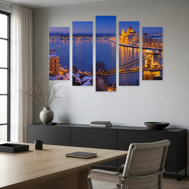 Cityscape of Budapest After Dark — five-panel wall art in alternate frontal interior | 5wallart 55913 M4