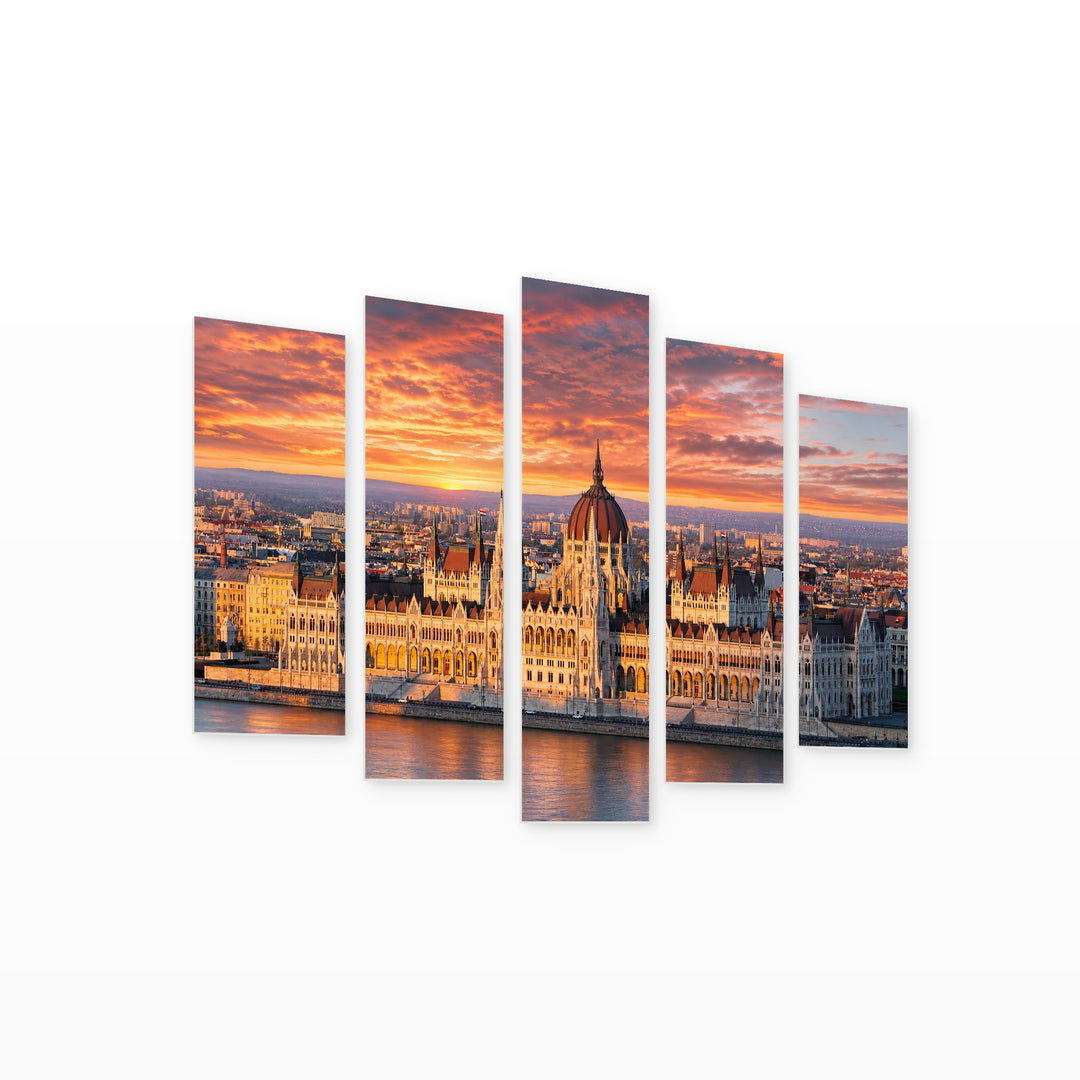 Budapest Parliament at Sunrise in Serene Light — five-panel wall art on white background in perspective | 5wallart 55914 M1