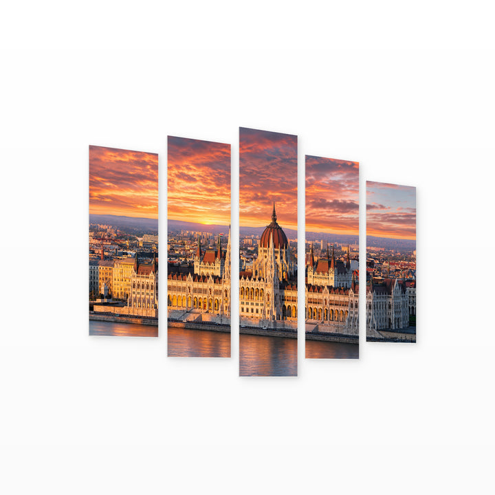 Budapest Parliament at Sunrise in Serene Light — five-panel wall art on white background in perspective | 5wallart 55914 M1