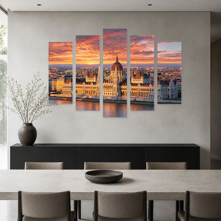 Budapest Parliament at Sunrise in Serene Light — five-panel wall art in frontal interior | 5wallart 55914 M3