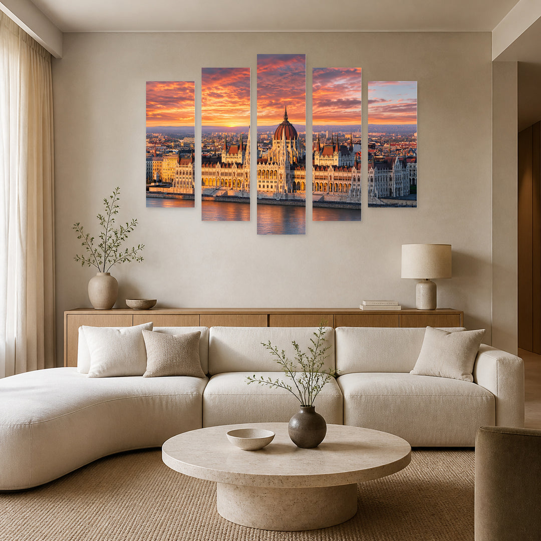Budapest Parliament at Sunrise in Serene Light — five-panel wall art in alternate frontal interior | 5wallart 55914 M4