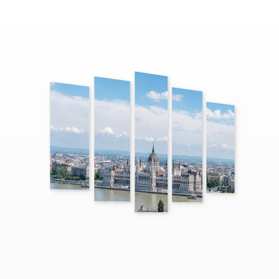 View of the Hungarian Parliament with Geometric Rhythm — five-panel wall art on white background in perspective | 5wallart 55915 M1