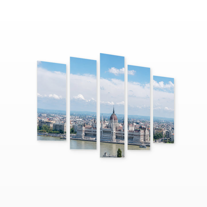 View of the Hungarian Parliament with Geometric Rhythm — five-panel wall art on white background in perspective | 5wallart 55915 M1