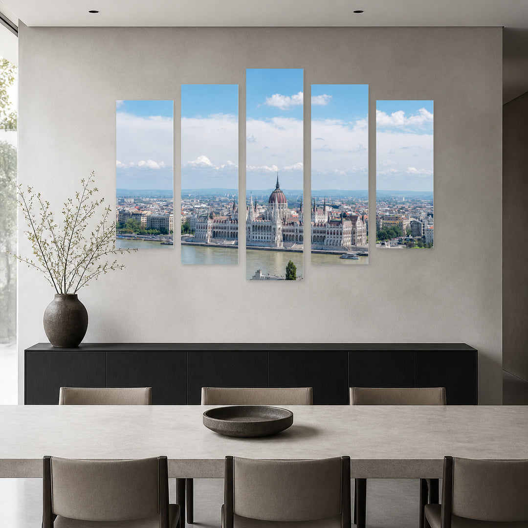 View of the Hungarian Parliament with Geometric Rhythm — five-panel wall art in alternate frontal interior | 5wallart 55915 M4