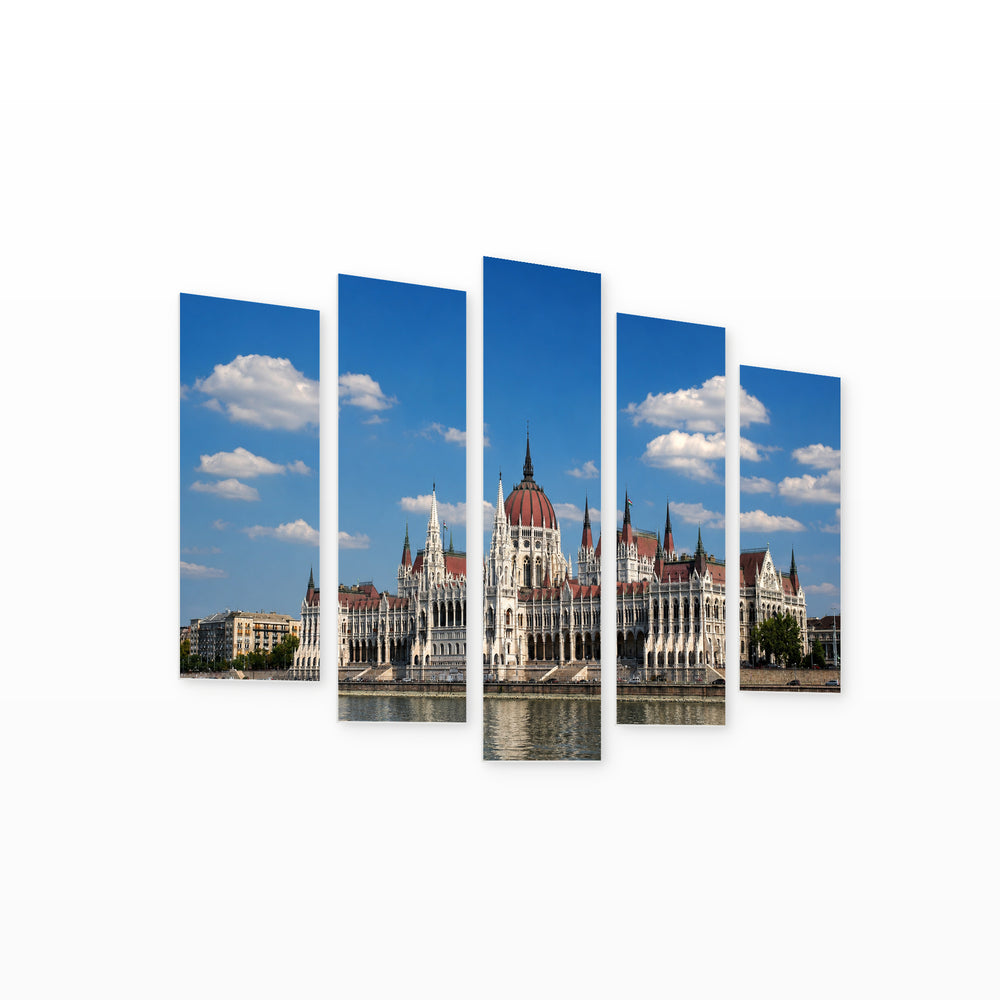 Parliament of Hungary with Geometric Rhythm — five-panel wall art on white background in perspective | 5wallart 55916 M1
