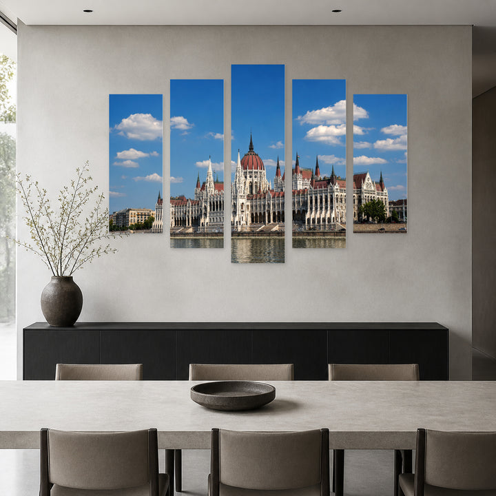 Parliament of Hungary with Geometric Rhythm — five-panel wall art in frontal interior | 5wallart 55916 M3