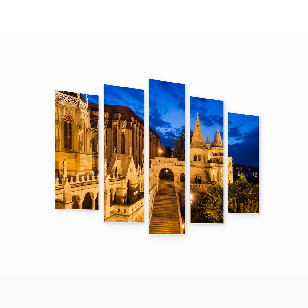 Fisherman's Bastion in Budapest in Vivid Color — five-panel wall art on white background in perspective | 5wallart 55917 M1