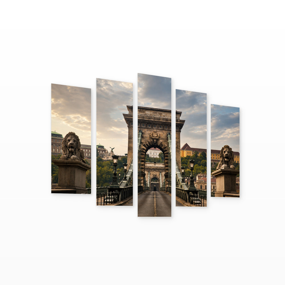 Chain Bridge in Budapest at Night — five-panel wall art on white background in perspective | 5wallart 55919 M1