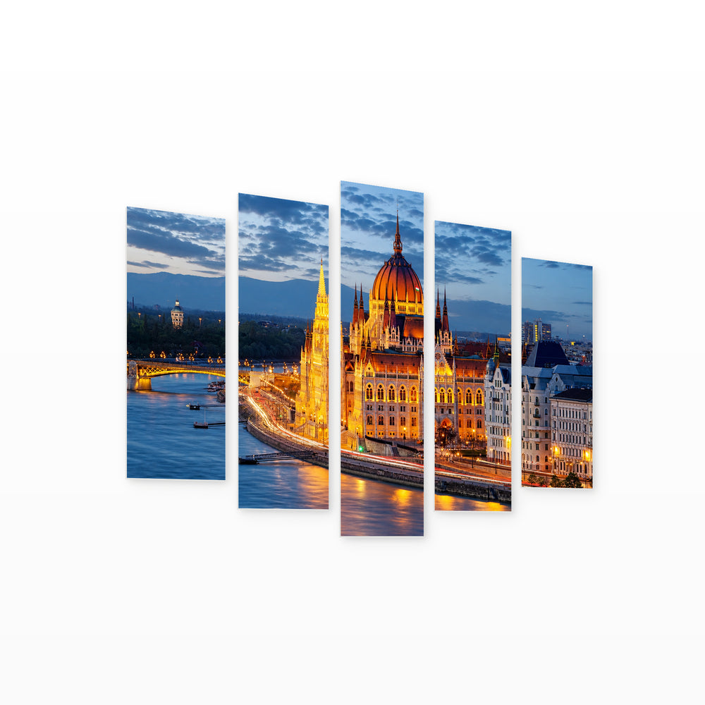 View of the Parliament in Budapest — five-panel wall art on white background in perspective | 5wallart 55920 M1