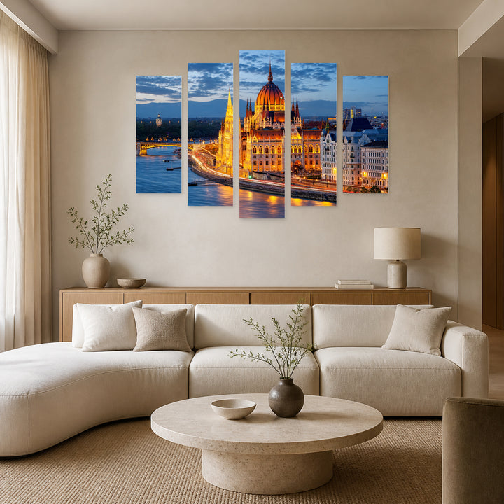 View of the Parliament in Budapest — five-panel wall art in alternate frontal interior | 5wallart 55920 M4