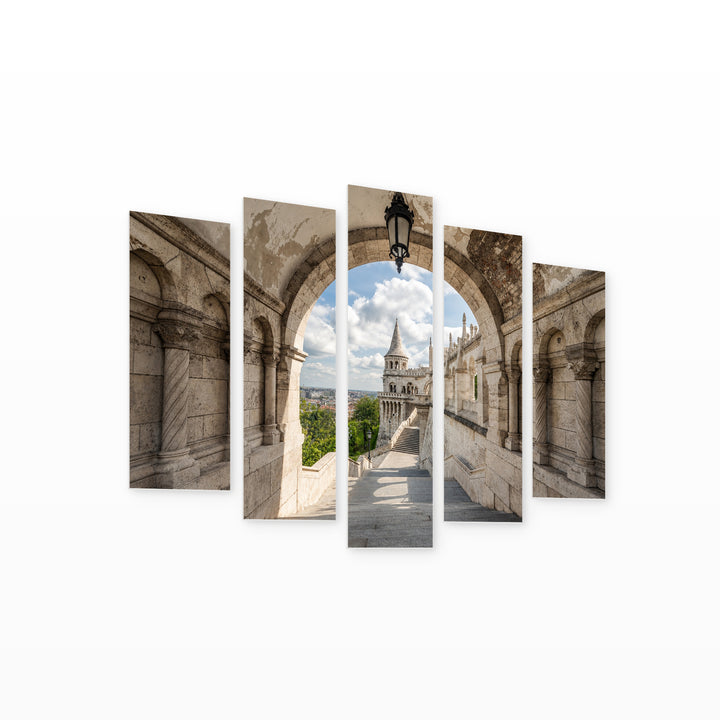 Building in Budapest in Serene Light — five-panel wall art on white background in perspective | 5wallart 55922 M1