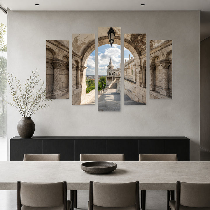 Building in Budapest in Serene Light — five-panel wall art in frontal interior | 5wallart 55922 M3
