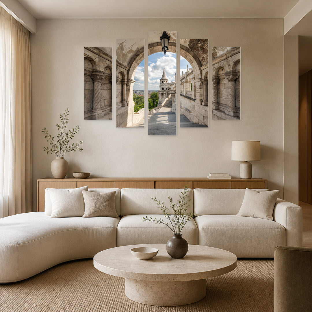 Building in Budapest in Serene Light — five-panel wall art in alternate frontal interior | 5wallart 55922 M4