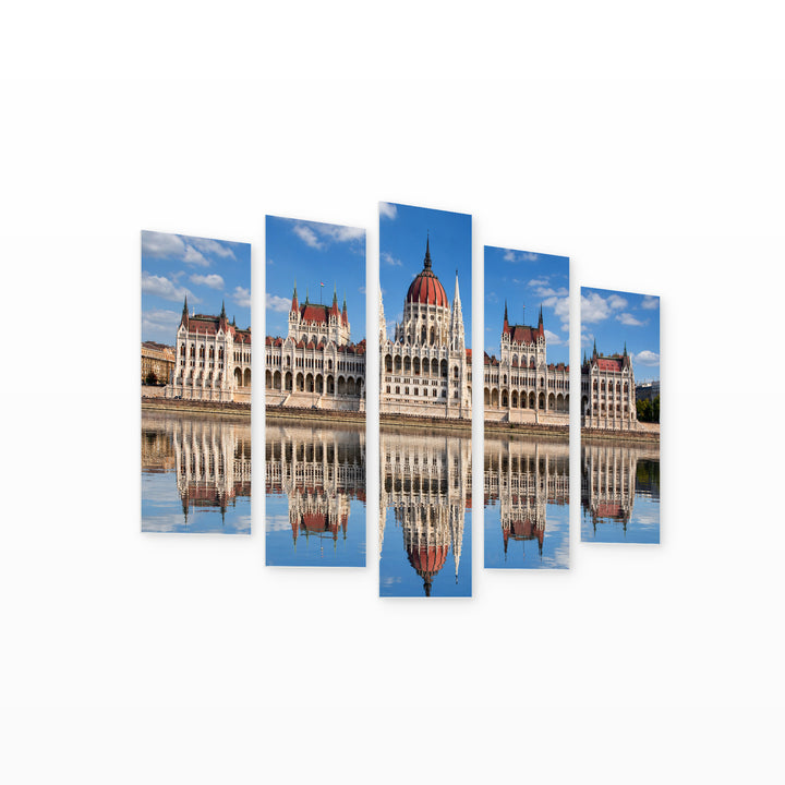 Reflection of the Hungarian Parliament — five-panel wall art on white background in perspective | 5wallart 55923 M1