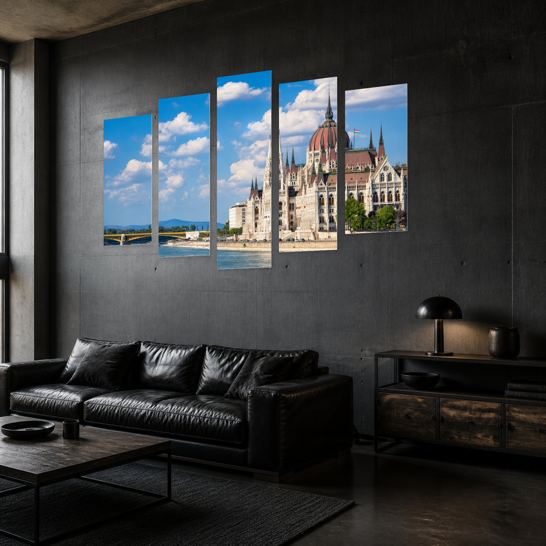 Parliament Building in Budapest in Serene Light — five-panel wall art in perspective interior | 5wallart 55924 M2