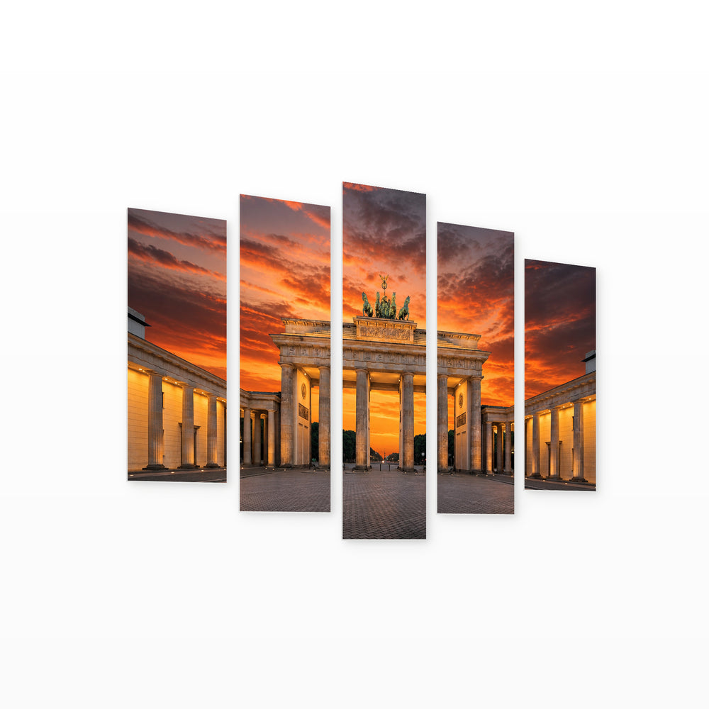 Golden Sunset over Brandenburg Gate II — five-panel wall art on white background in perspective | 5wallart 55926 M1