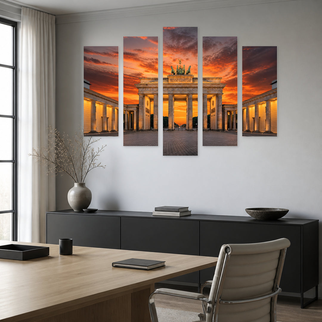 Golden Sunset over Brandenburg Gate II — five-panel wall art in frontal interior | 5wallart 55926 M3