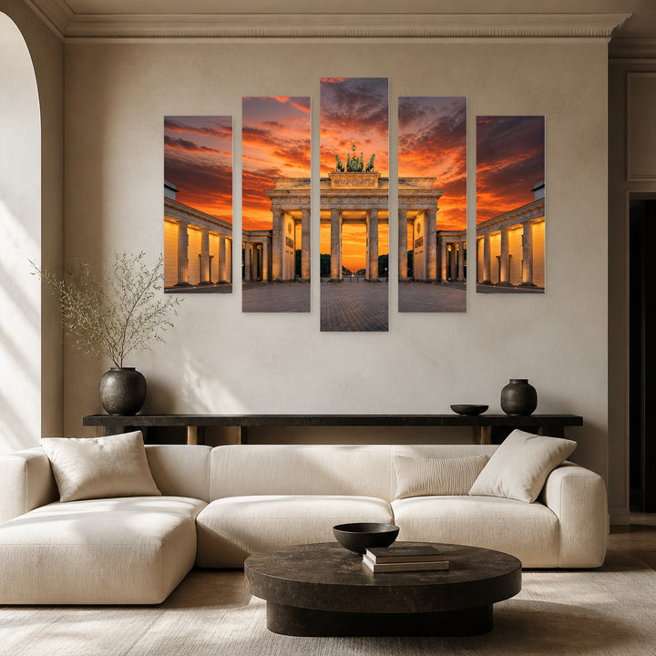 Golden Sunset over Brandenburg Gate II — five-panel wall art in alternate frontal interior | 5wallart 55926 M4