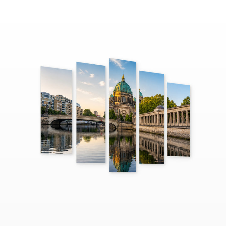 Berlin Cathedral Reflected in Blue and Gold — five-panel wall art on white background in perspective | 5wallart 55927 M1