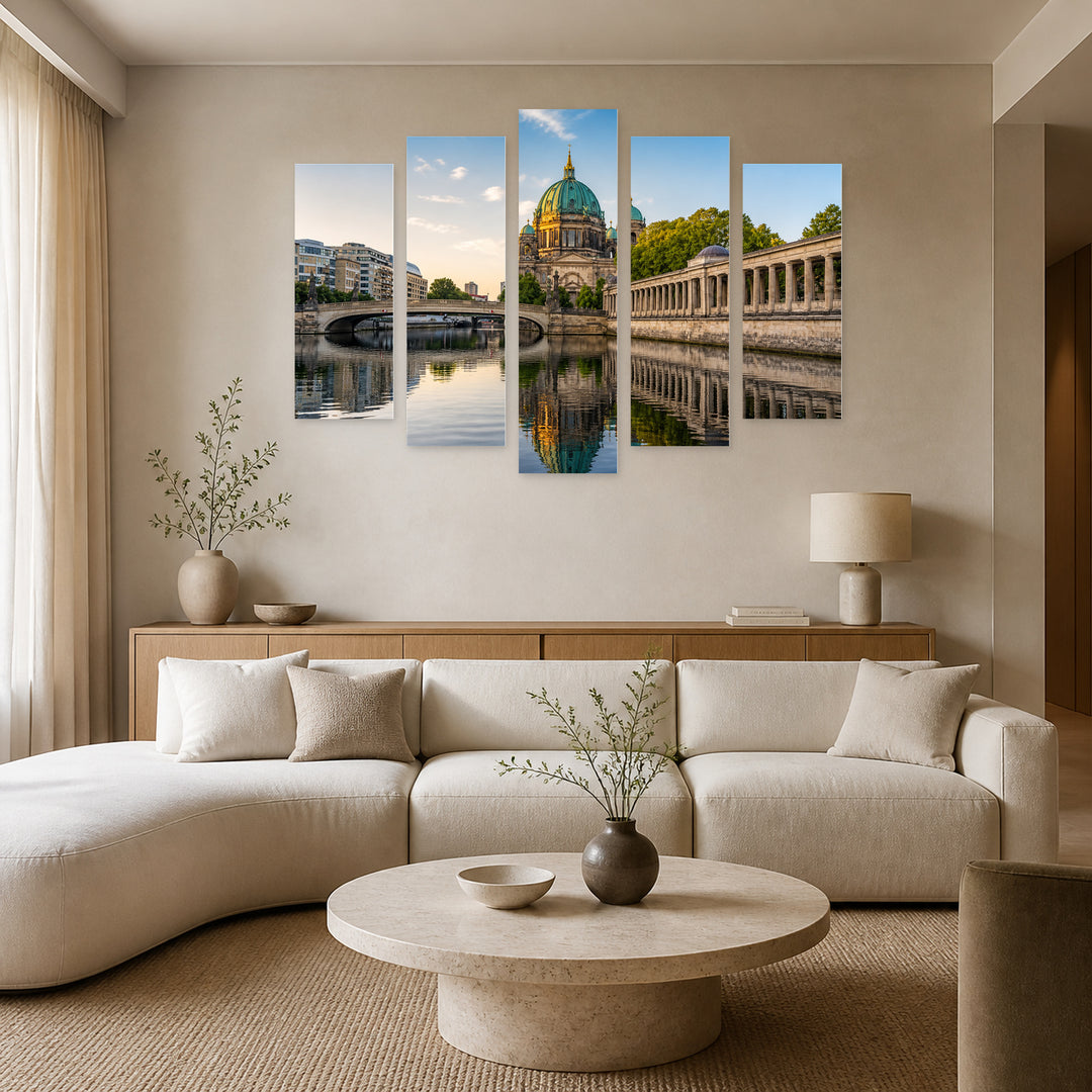 Berlin Cathedral Reflected in Blue and Gold — five-panel wall art in frontal interior | 5wallart 55927 M3