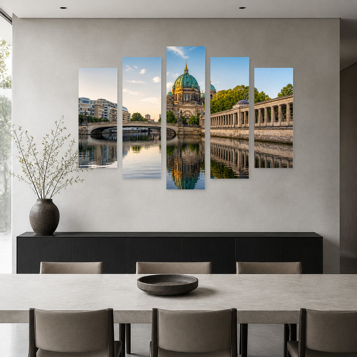 Berlin Cathedral Reflected in Blue and Gold — five-panel wall art in alternate frontal interior | 5wallart 55927 M4