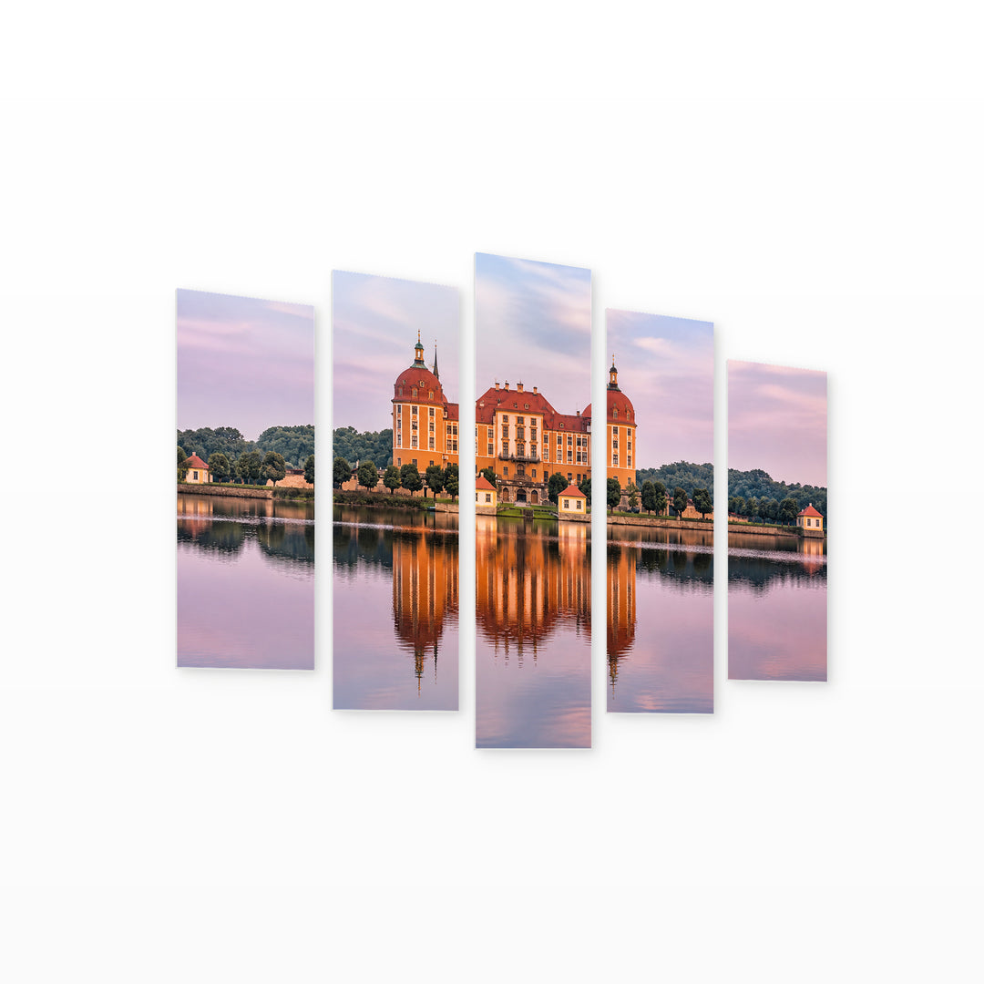 Moritzburg Palace in Serene Light — five-panel wall art on white background in perspective | 5wallart 55928 M1