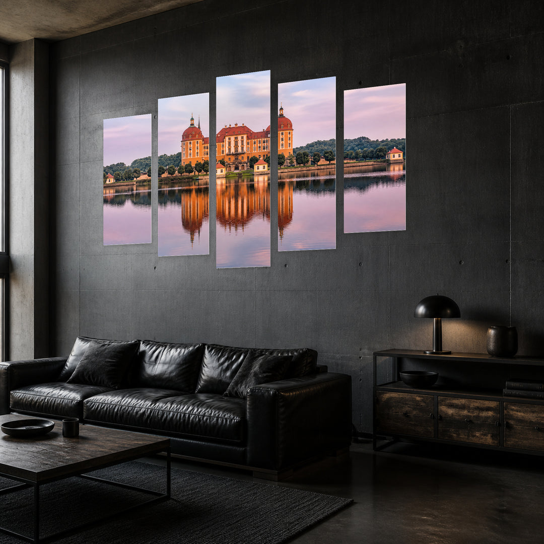 Moritzburg Palace in Serene Light — five-panel wall art in perspective interior | 5wallart 55928 M2
